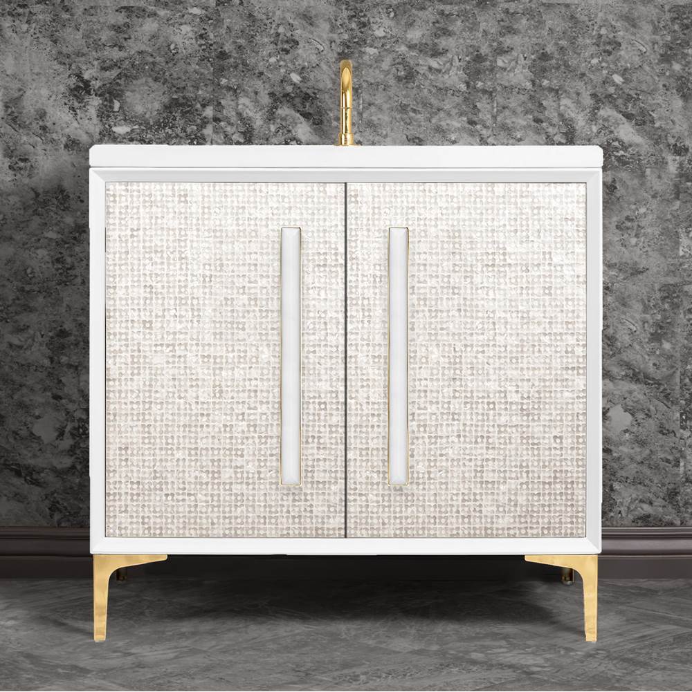 Linkasink - MOTHER OF PEARL with 18'' Artisan Glass Prism Hardware 36'' Wide Vanity, White, Polished Brass Hardware, 36'' x 22'' x 33.5'' (without vanity top) - Polished Brass with White Prism Glass