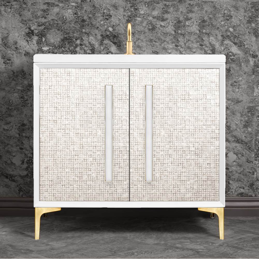 Linkasink - MOTHER OF PEARL with 18'' Artisan Glass Prism Hardware 36'' Wide Vanity, White, Satin Brass Hardware, 36'' x 22'' x 33.5'' (without vanity top) - Satin Brass with White Prism Glass