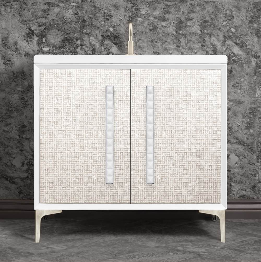 Linkasink - MOTHER OF PEARL with 18'' Artisan Glass Pyramid Hardware 36'' Wide Vanity, White, Satin Nickel Hardware, 36'' x 22'' x 33.5'' (without vanity top) - Satin Nickel with White Pyramid Glass