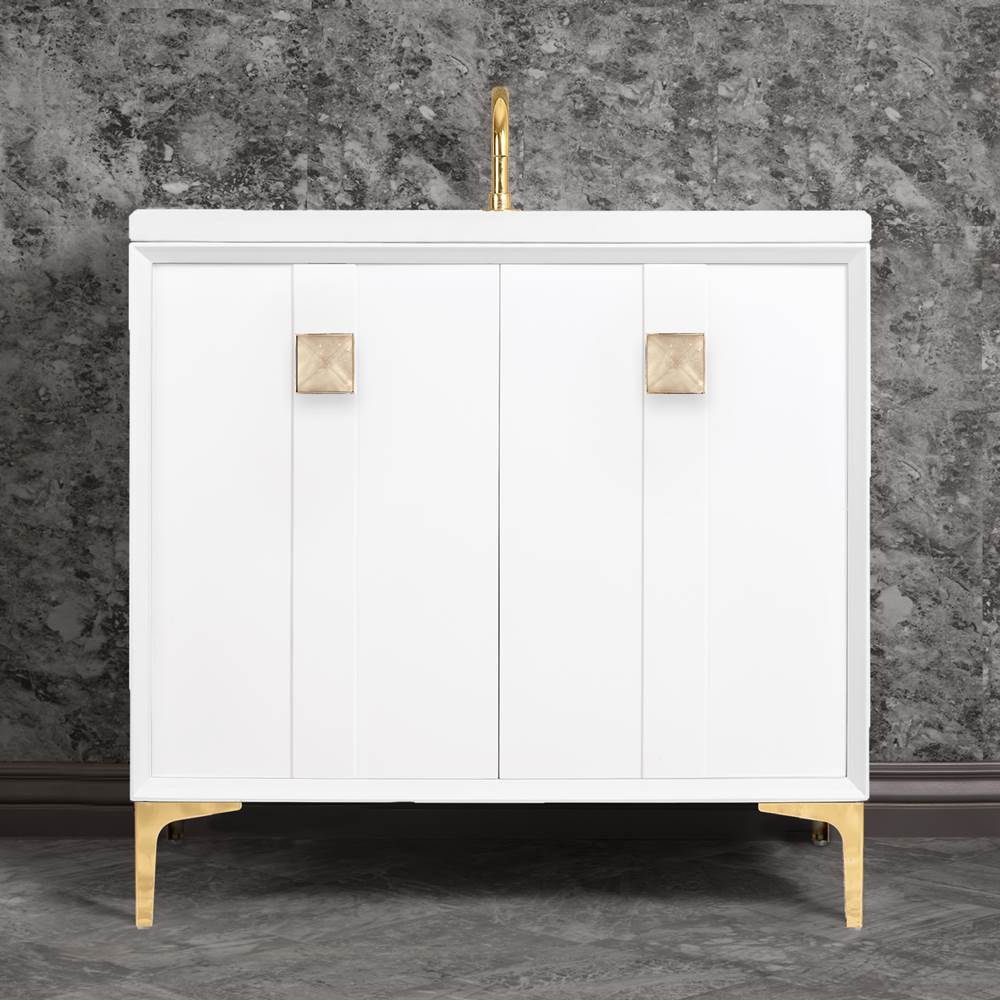 Linkasink - TUXEDO with 3'' Artisan Glass Prism Hardware 36'' Wide Vanity, White, Polished Brass Hardware, 36'' x 22'' x 33.5'' (without vanity top) - Polished Brass with Eglomise Prism Glass