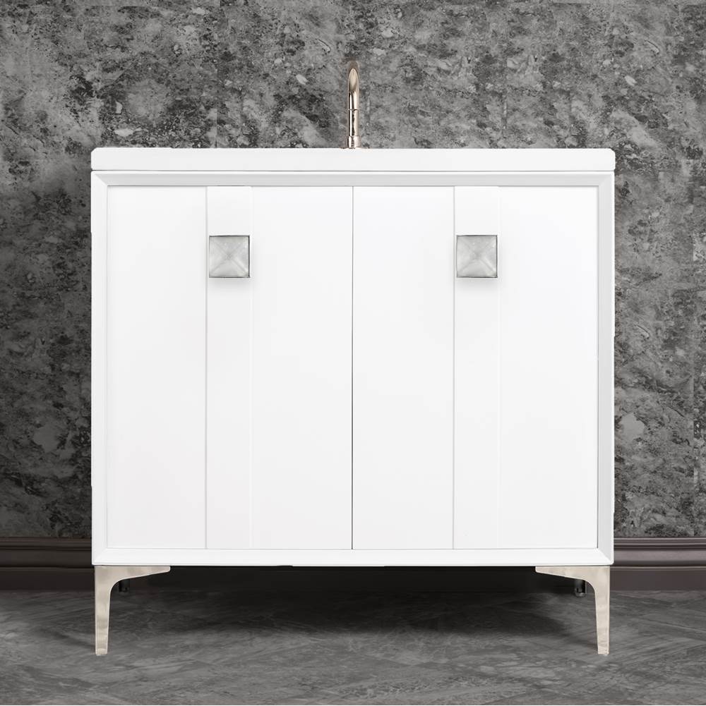 Linkasink - TUXEDO with 3'' Artisan Glass Prism Hardware 36'' Wide Vanity, White, Polished Nickel Hardware, 36'' x 22'' x 33.5'' (without vanity top) - Polished Nickel with Églomisé Prism Glass