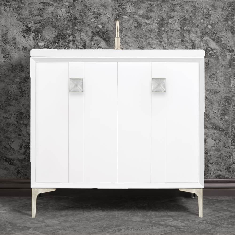 Linkasink - TUXEDO with 3'' Artisan Glass Prism Hardware 36'' Wide Vanity, White, Satin Nickel Hardware, 36'' x 22'' x 33.5'' (without vanity top) - Satin Nickel with Églomisé Prism Glass