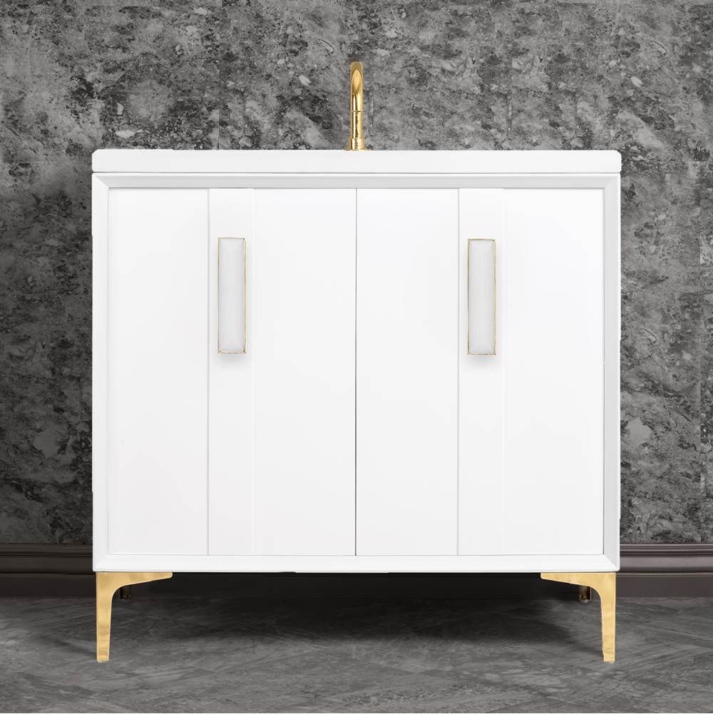Linkasink - TUXEDO with 8'' Artisan Glass Prism Hardware 36'' Wide Vanity, White, Polished Brass Hardware, 36'' x 22'' x 33.5'' (without vanity top) - Polished Brass with White Prism Glass