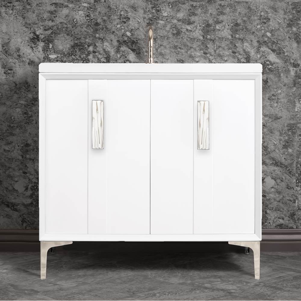 Linkasink - TUXEDO with 8'' Artisan Glass Prism Hardware 36'' Wide Vanity, White, Polished Nickel Hardware, 36'' x 22'' x 33.5'' (without vanity top) - Polished Nickel with White Tiger Prism Glass