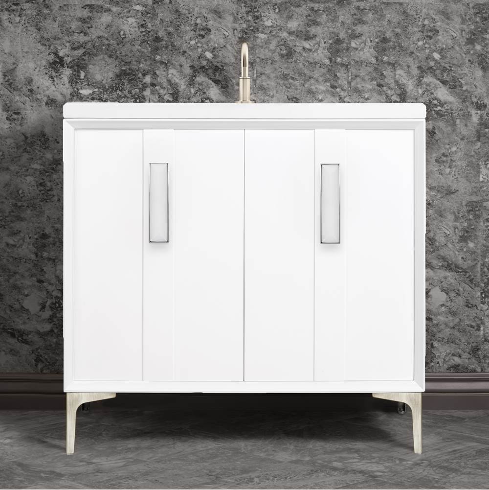 Linkasink - TUXEDO with 8'' Artisan Glass Prism Hardware 36'' Wide Vanity, White, Satin Nickel Hardware, 36'' x 22'' x 33.5'' (without vanity top) - Satin Nickel with White Prism Glass