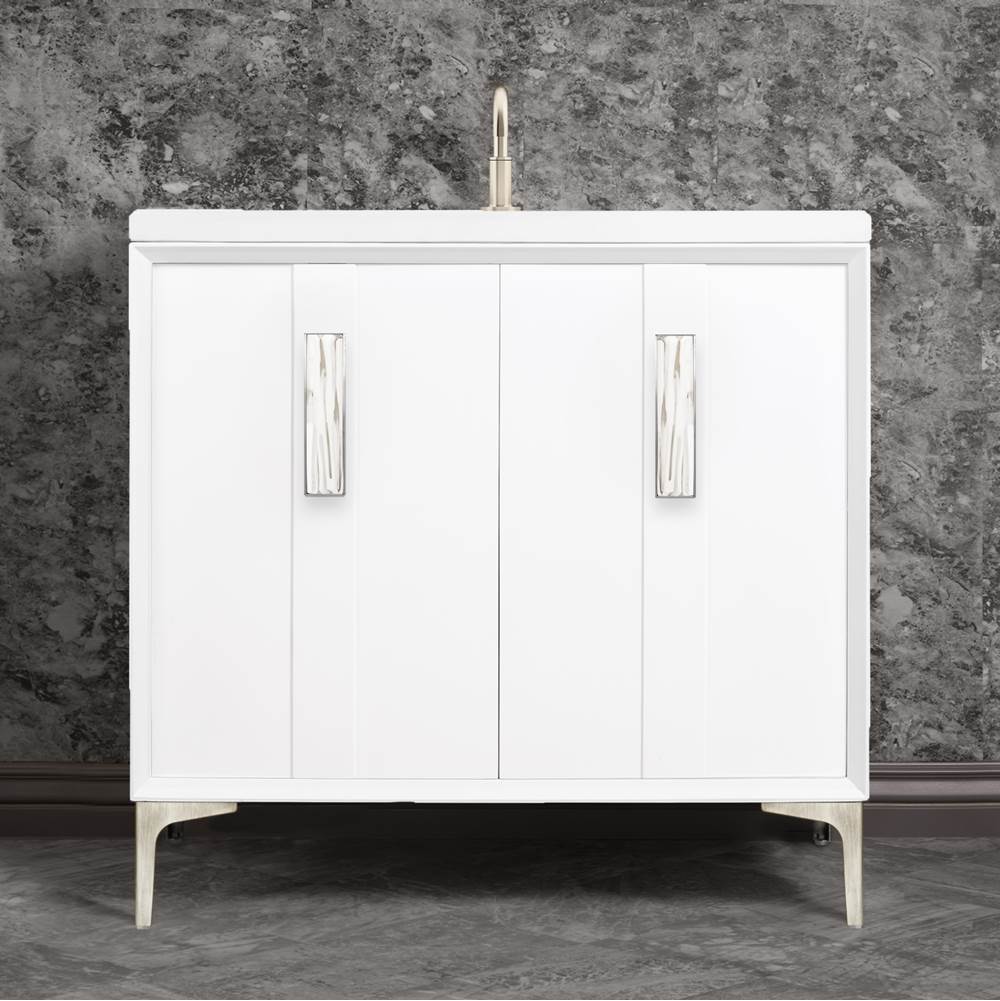Linkasink - TUXEDO with 8'' Artisan Glass Prism Hardware 36'' Wide Vanity, White, Satin Nickel Hardware, 36'' x 22'' x 33.5'' (without vanity top) - Satin Nickel with White Tiger Prism Glass