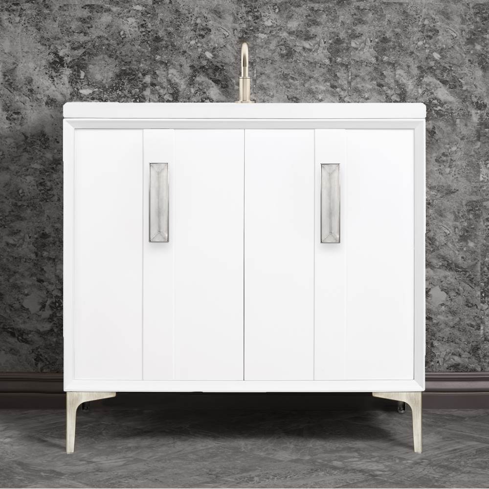Linkasink - TUXEDO with 8'' Artisan Glass Prism Hardware 36'' Wide Vanity, White, Satin Nickel Hardware, 36'' x 22'' x 33.5'' (without vanity top) - Satin Nickel with Églomisé Prism Glass