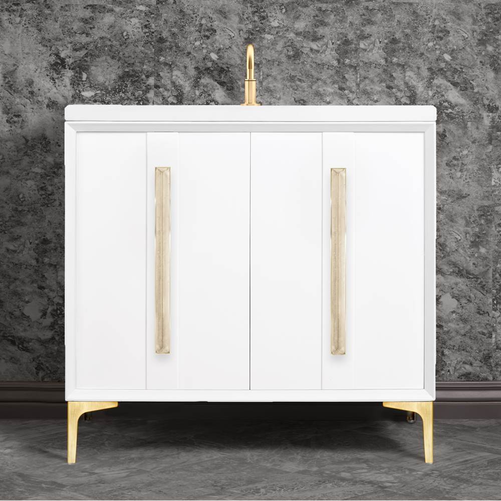Linkasink - TUXEDO with 18'' Artisan Glass Prism Hardware 36'' Wide Vanity, White, Satin Brass Hardware, 36'' x 22'' x 33.5'' (without vanity top) - Satin Brass with Eglomise Prism Glass