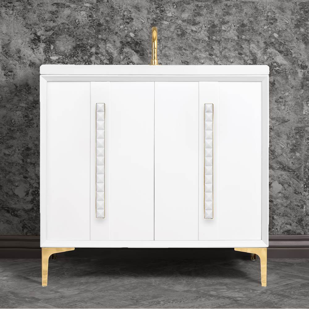 Linkasink - TUXEDO with 18'' Artisan Glass Pyramid Hardware 36'' Wide Vanity, White, Polished Brass Hardware, 36'' x 22'' x 33.5'' (without vanity top) - Polished Brass with White Pyramid Glass