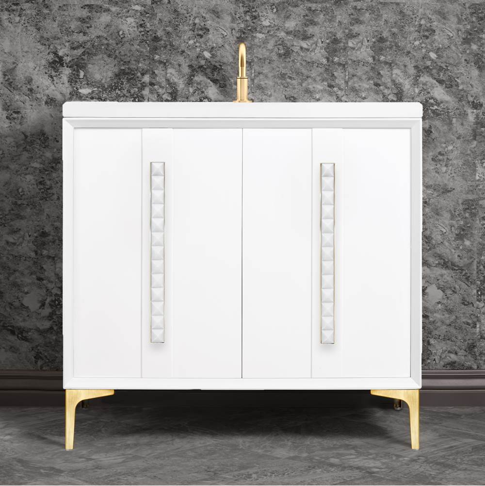 Linkasink - TUXEDO with 18'' Artisan Glass Pyramid Hardware 36'' Wide Vanity, White, Satin Brass Hardware, 36'' x 22'' x 33.5'' (without vanity top) - Satin Brass with White Pyramid Glass