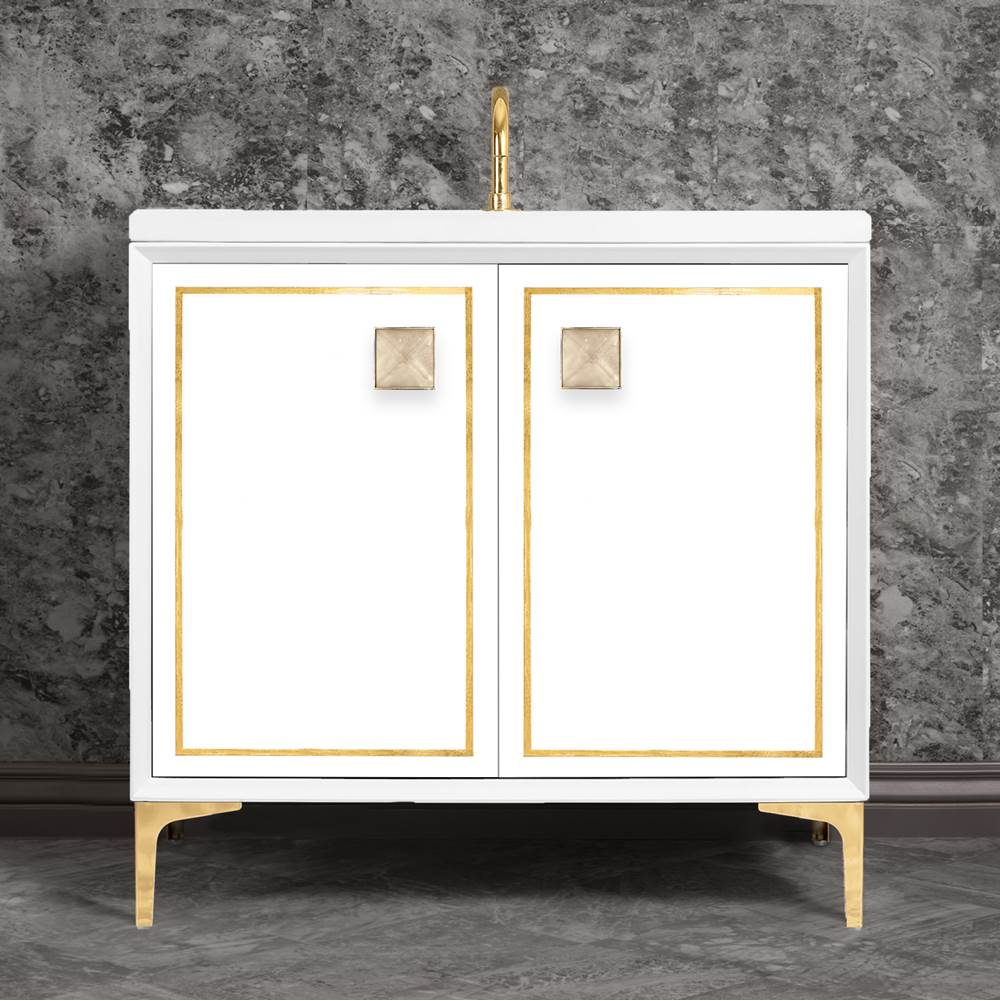 Linkasink - LINEA with 3'' Artisan Glass Prism Hardware 36'' Wide Vanity, White, Polished Brass Hardware, 36'' x 22'' x 33.5'' (without vanity top) - Polished Brass with Eglomise Prism Glass