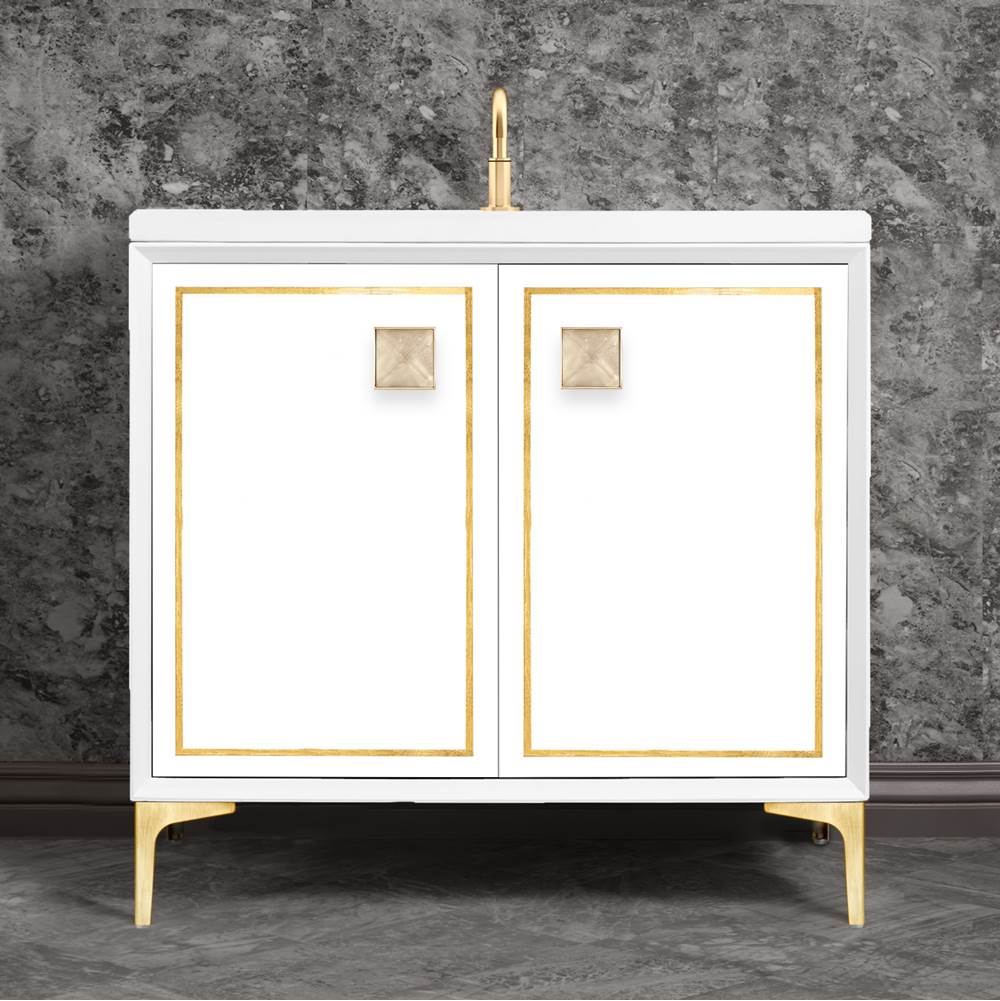 Linkasink - LINEA with 3'' Artisan Glass Prism Hardware 36'' Wide Vanity, White, Satin Brass Hardware, 36'' x 22'' x 33.5'' (without vanity top) - Satin Brass with Eglomise Prism Glass