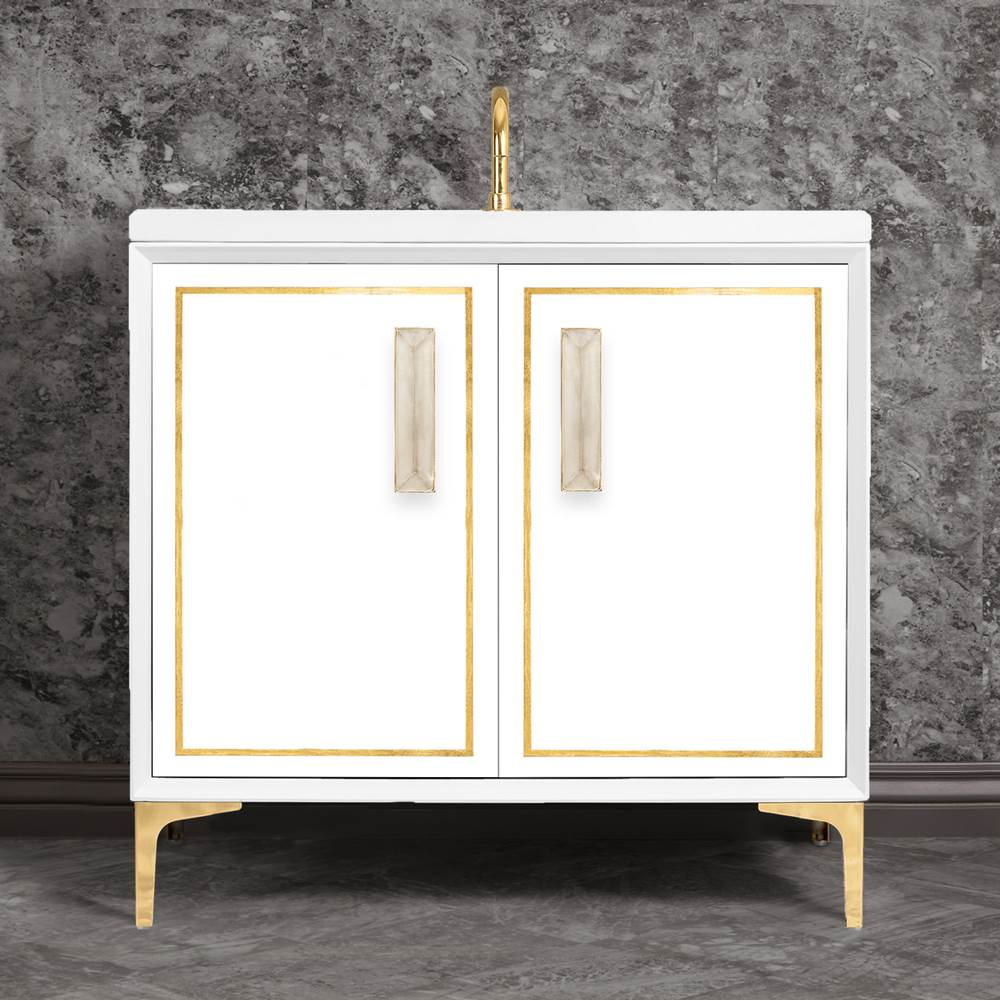 Linkasink - LINEA with 8'' Artisan Glass Prism Hardware 36'' Wide Vanity, White, Polished Brass Hardware, 36'' x 22'' x 33.5'' (without vanity top) - Polished Brass with Eglomise Prism Glass
