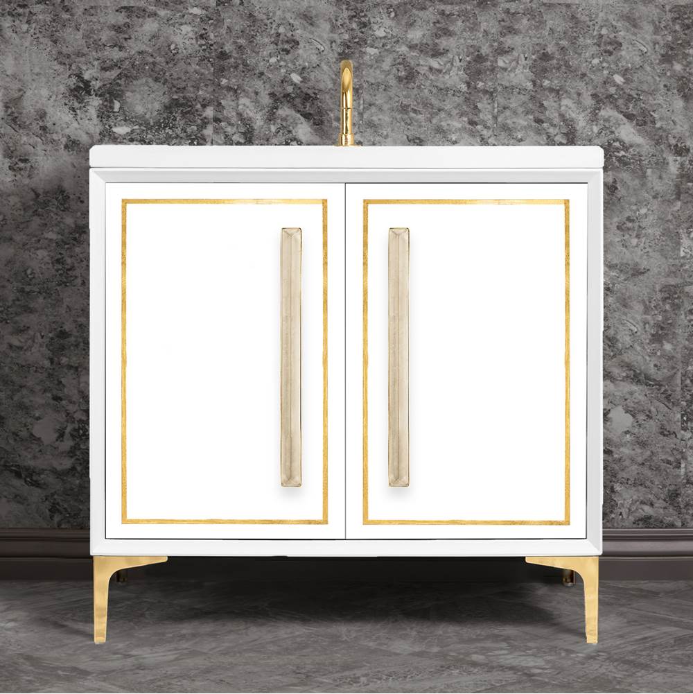 Linkasink - LINEA with 18'' Artisan Glass Prism Hardware 36'' Wide Vanity, White, Polished Brass Hardware, 36'' x 22'' x 33.5'' (without vanity top) - Polished Brass with Eglomise Prism Glass