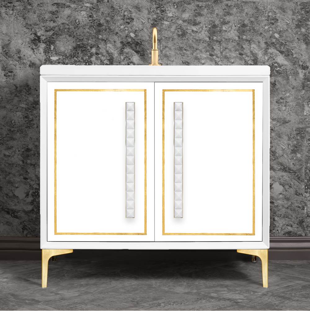Linkasink - LINEA with 18'' Artisan Glass Pyramid Hardware 36'' Wide Vanity, White, Satin Brass Hardware, 36'' x 22'' x 33.5'' (without vanity top) - Satin Brass with White Pyramid Glass