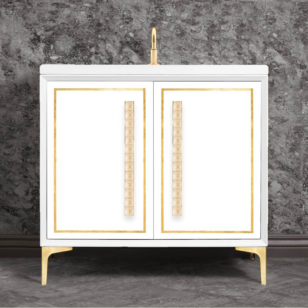 Linkasink - LINEA with 18'' Artisan Glass Pyramid Hardware 36'' Wide Vanity, White, Satin Brass Hardware, 36'' x 22'' x 33.5'' (without vanity top) - Satin Brass with Églomisé Pyramid Glass