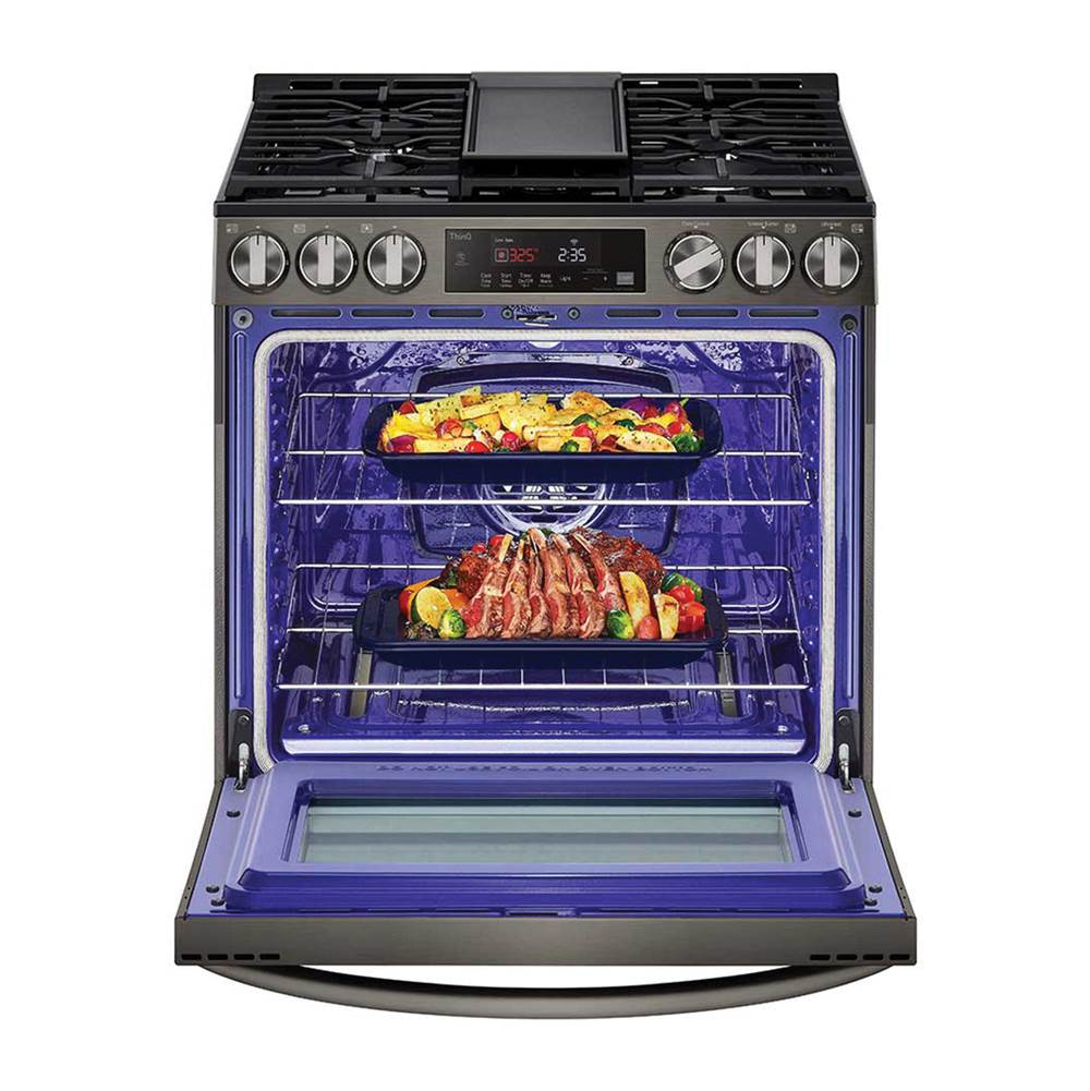Single Oven Slide-in Gas Range, 5.8 cu-ft, Air Fry, Fan Convection, EasyClean plus Self Clean, ThinQ, PrintProof Black Stainless Steel