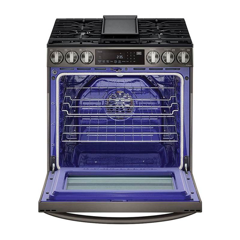 6.3 cu.ft. Gas Single Oven Slide-in Range, Instaview, Air Fry, ProBake Convection, EasyClean plus Self Clean, ThinQ, Printproof Black Stainless Steel
