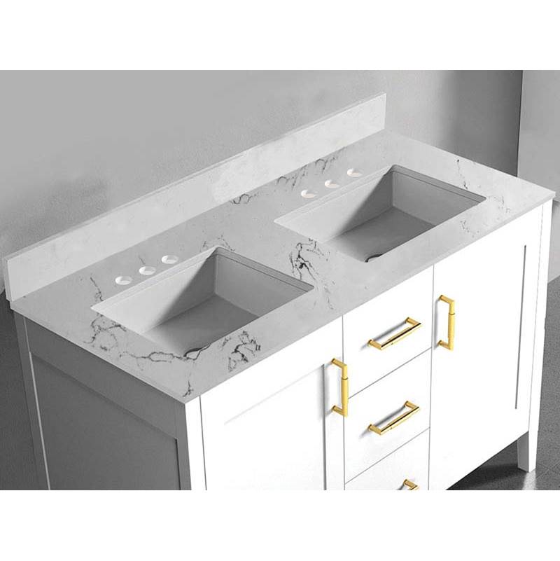 Madeli - Madeli Quartzstone Countertop, 48'' x 18'' x 3/4'', Double Basin, 8'' Widespread Faucet Holes in White Carrara - White Carrara