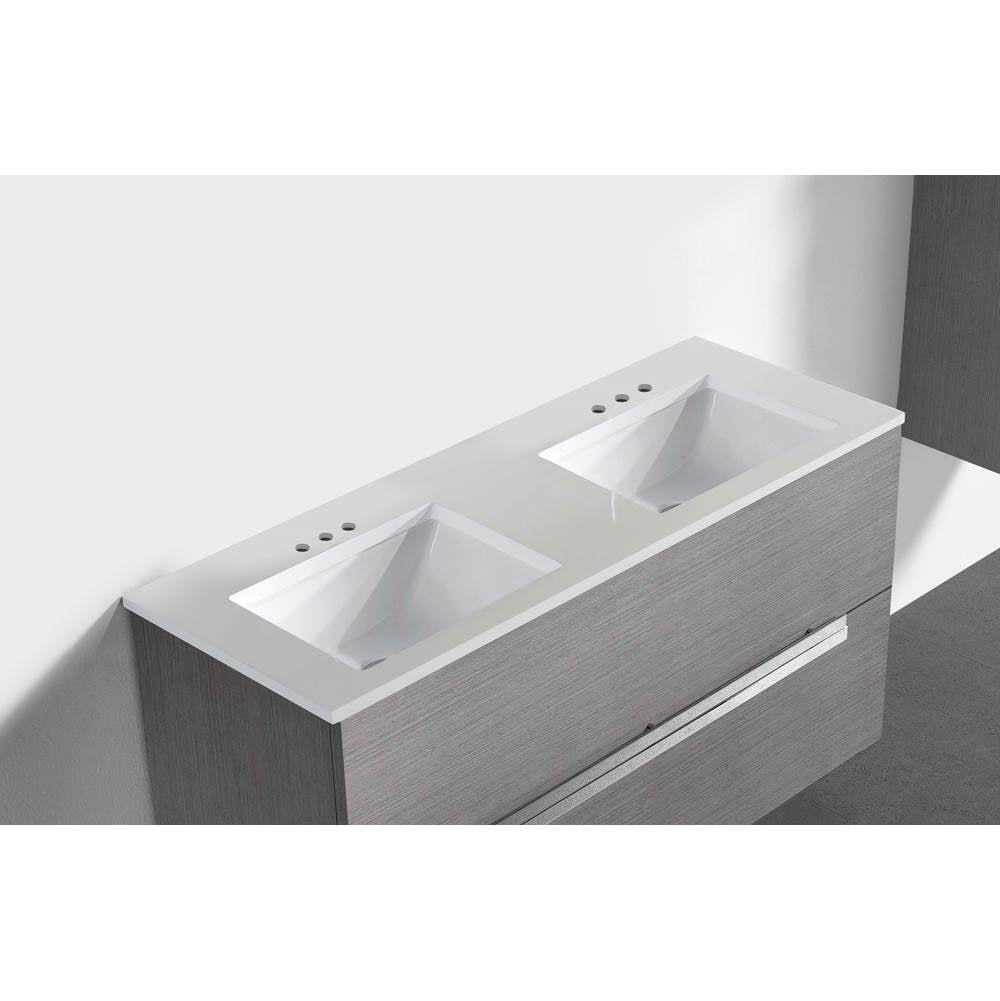 Madeli - Madeli Quartzstone Countertop, 48'' x 18'' x 3/4'', Double Basin, 8'' Widespread Faucet Holes in White - White