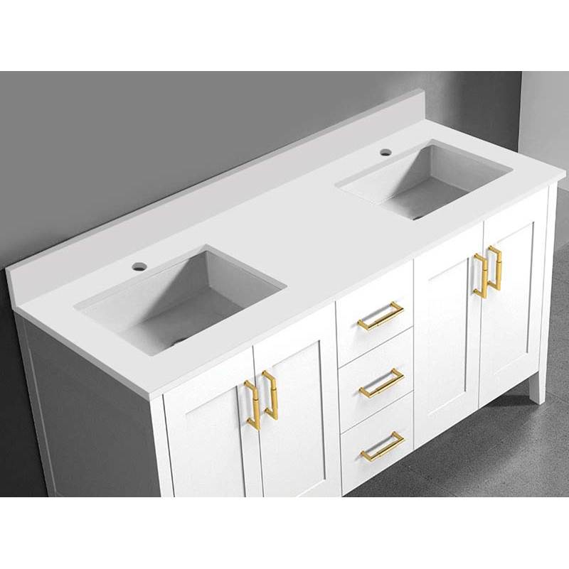Madeli - Madeli Quartzstone Countertop, 60'' x 18'' x 3/4'', Double Basin, Single Faucet Hole in White - White