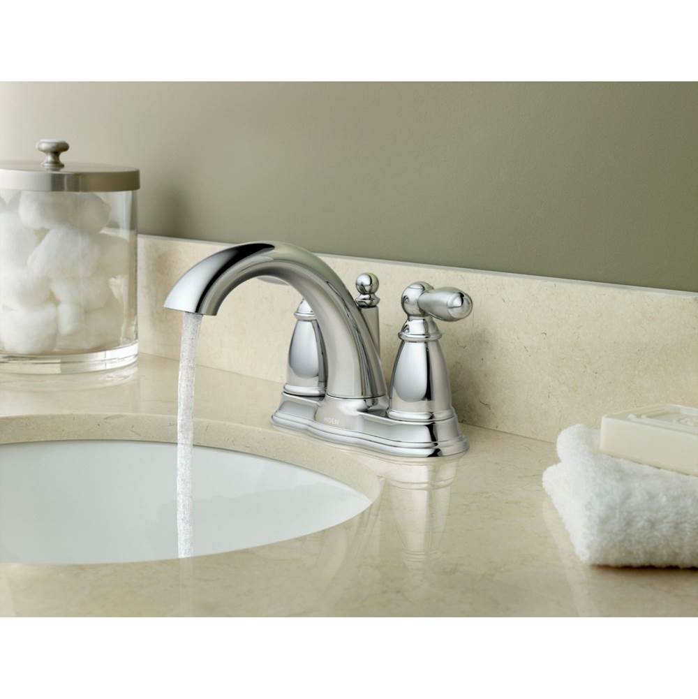 Brantford Two-Handle Low-Arc Centerset Bathroom Faucet with Drain Assembly, Chrome