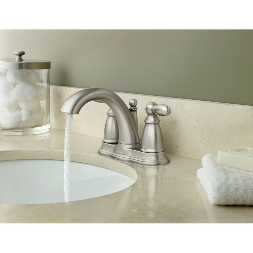 Brantford Two-Handle Low-Arc Centerset Bathroom Faucet with Drain Assembly, Chrome