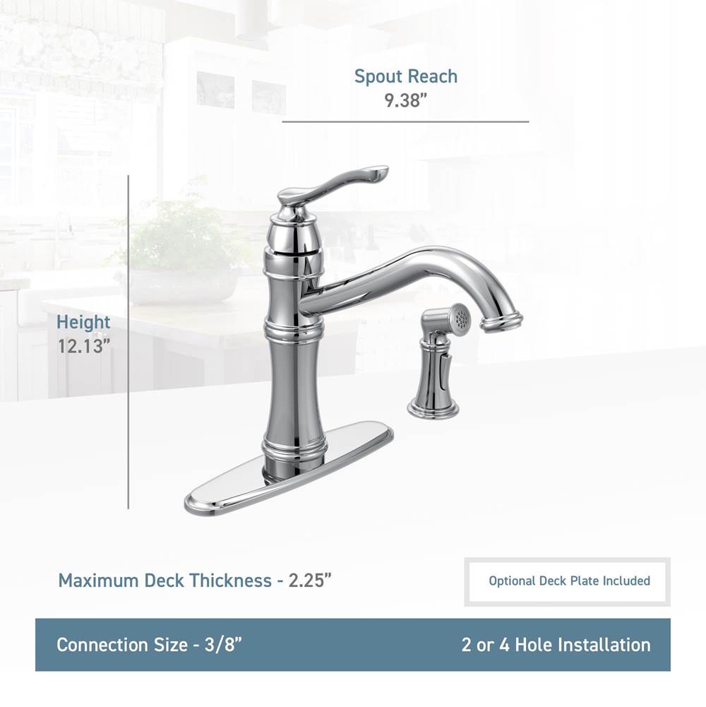 Belfield Traditional One Handle High Arc Kitchen Faucet with Side Spray and Optional Deckplate Included, Chrome