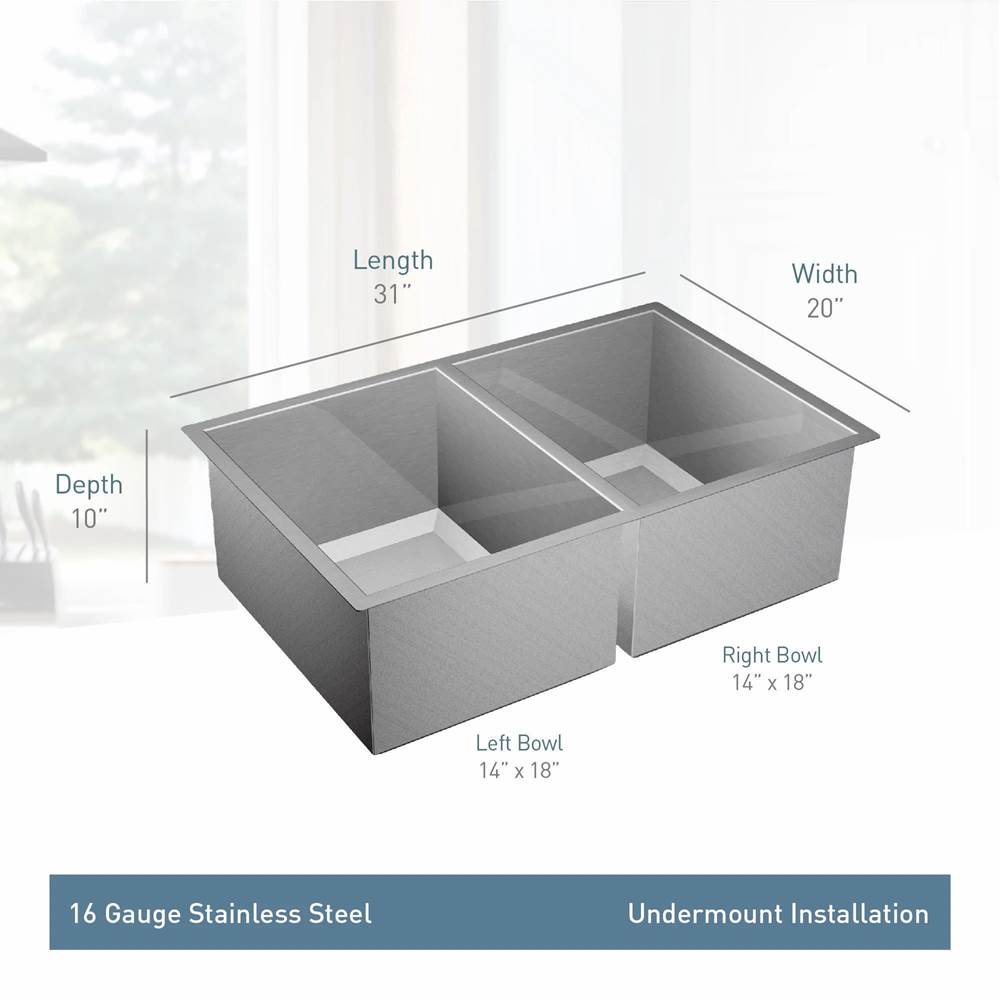 1600 Series 16 Gauge Double Bowl Undermount Sink, Stainless Steel