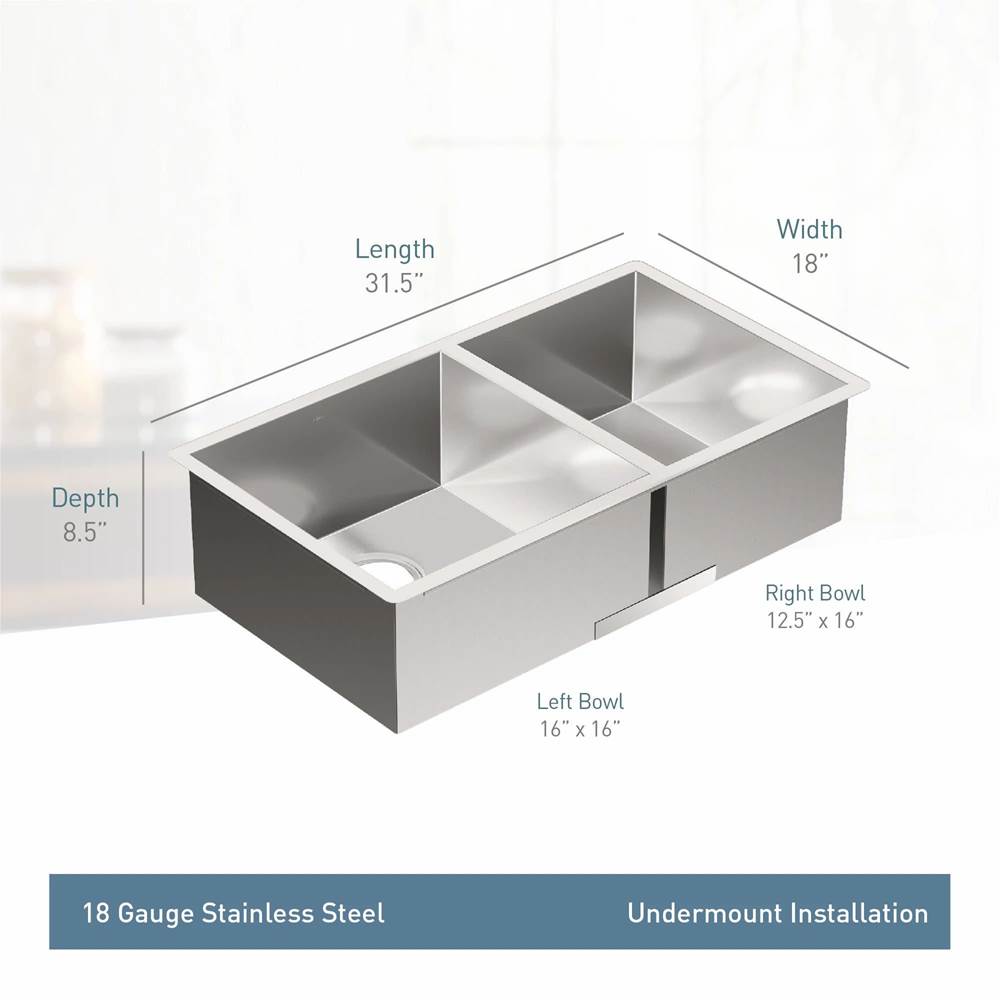 1800 Series 18-Gauge Single Bowl Undermount Sink, Stainless Steel