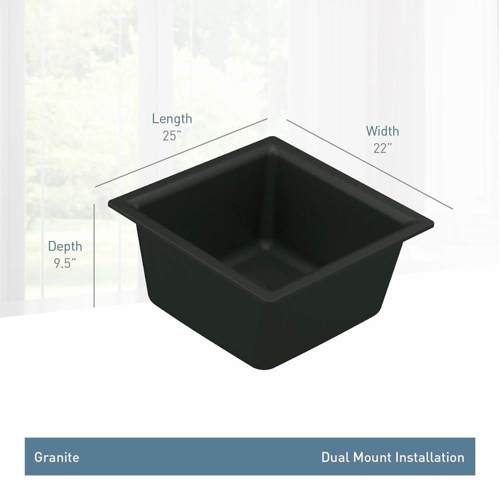 15.75-Inch Wide x 7-Inch Deep Dual Mount Granite Single Bowl Kitchen or Bar Sink, Black