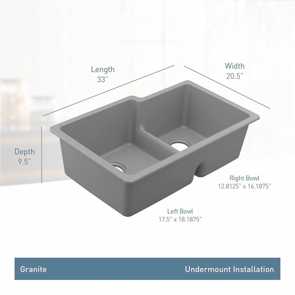 33-Inch Wide x 9.5-Inch Deep Low-Divide Undermount Granite Double Bowl Kitchen Sink, Gray