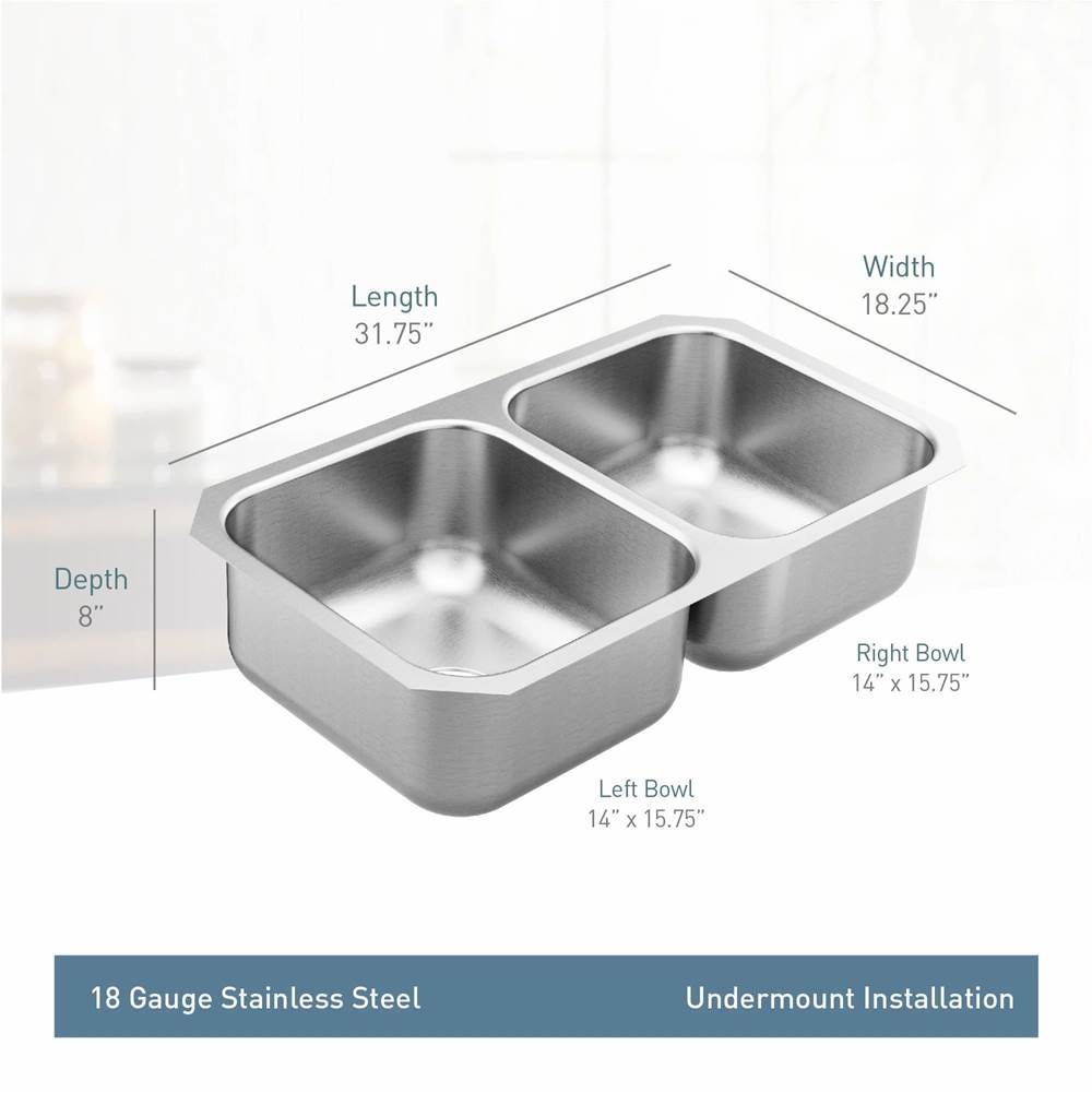 Moen GS18210 1800 Series 31.75-inch 18 Gauge Undermount Double Bowl Stainless Steel Kitchen Sink, 8-inch Depth