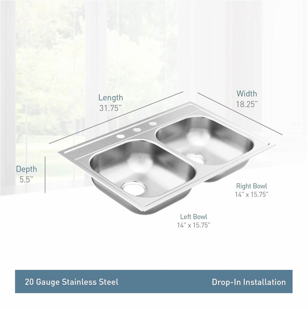 2000 Series 33-inch 20 Gauge Drop-in Double Bowl Stainless Steel Kitchen Sink, 3 Hole, Featuring QuickMount