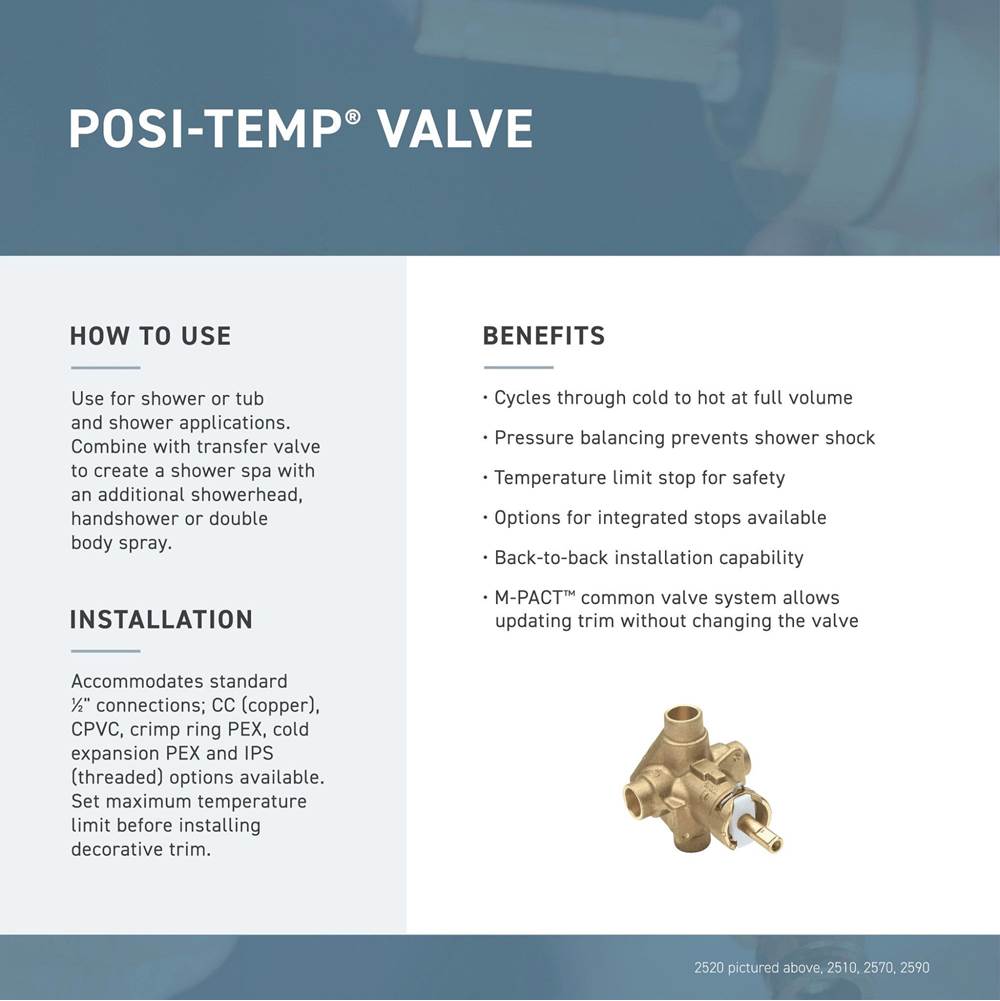 Brass Posi-Temp Pressure Balancing Tub and Shower Valve, 1/2-Inch IPS Connections