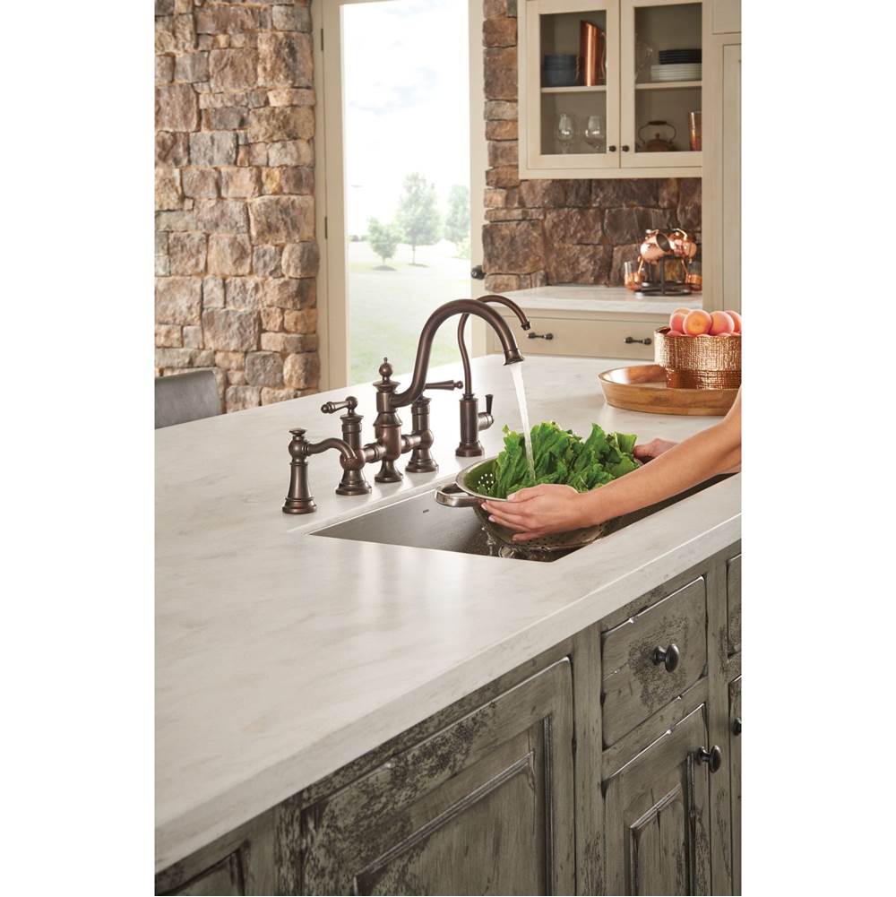 Traditional Deck Mounted Kitchen Soap Dispenser with Above the Sink Refillable Bottle, Brushed Gold