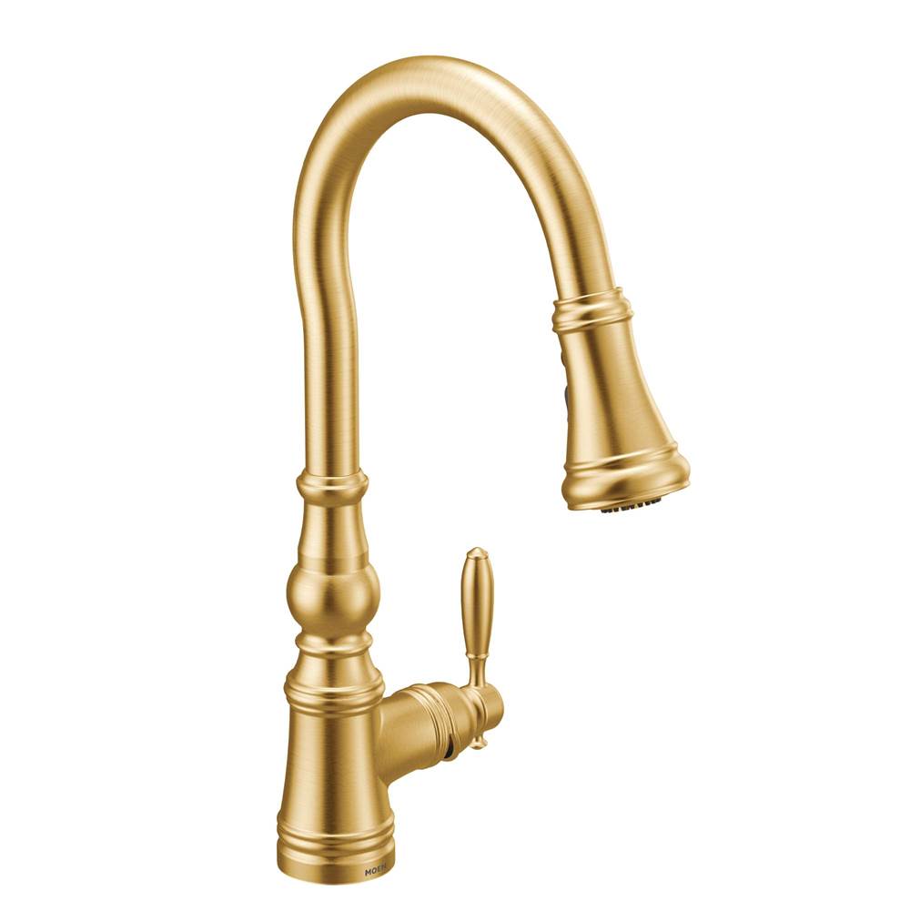 Moen - Weymouth Shepherd''s Hook Pulldown Kitchen Faucet Featuring Metal Wand with Power Boost, Brushed Gold - Brushed Gold