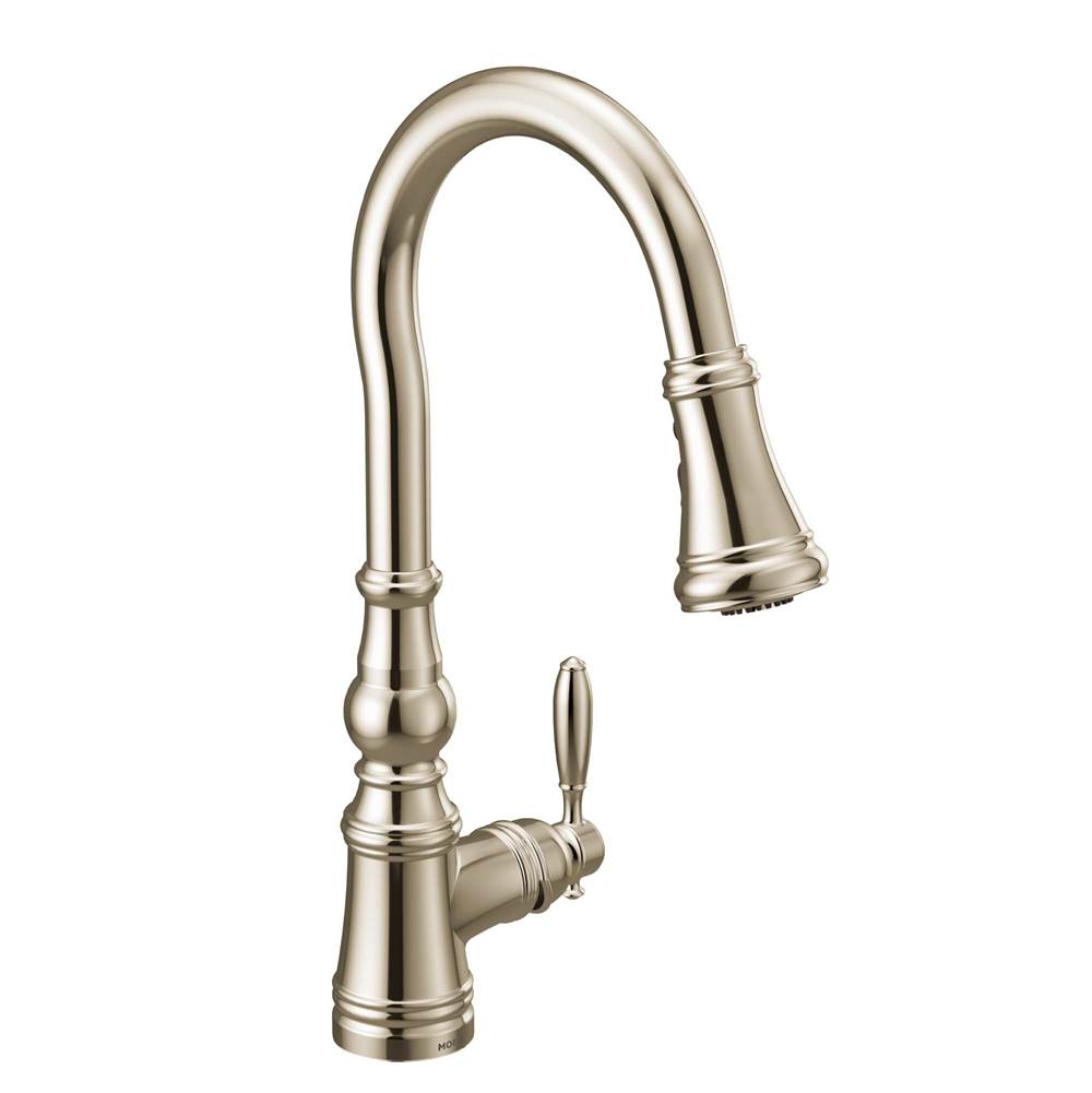 Moen - Weymouth Shepherd''s Hook Pulldown Kitchen Faucet Featuring Metal Wand with Power Boost, Polished Nickel - Polished Nickel