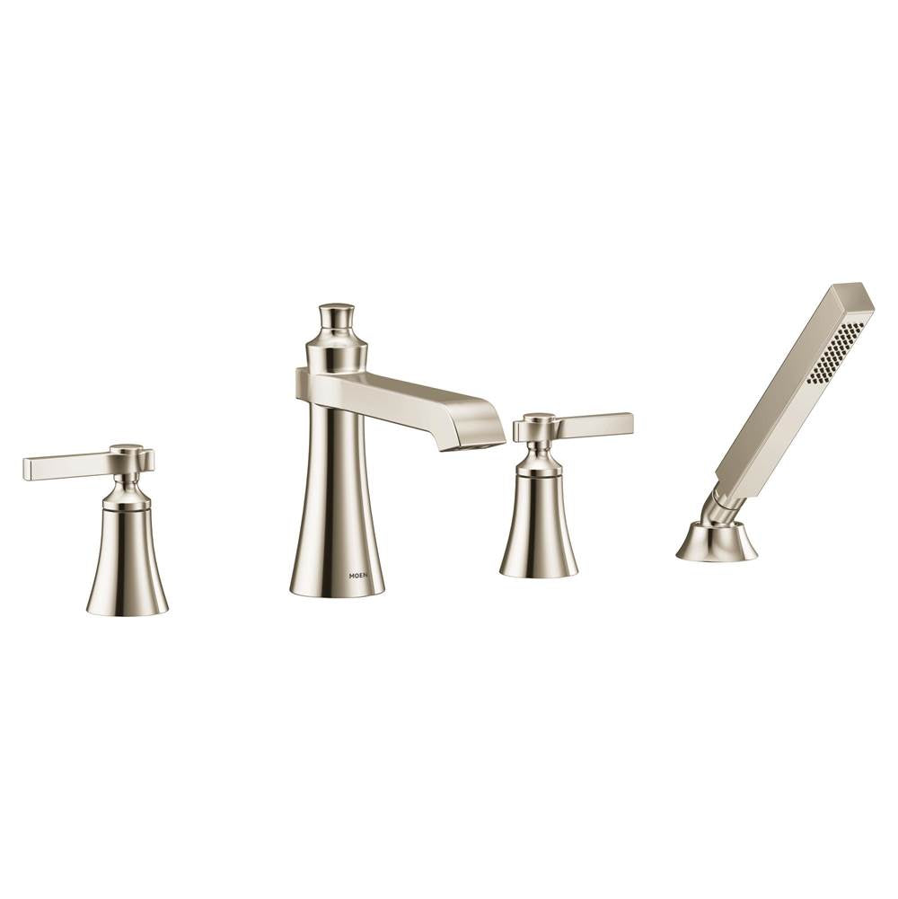 Moen - Flara 2-Handle Deck-Mount Roman Tub Faucet Trim Kit with Handshower in Polished Nickel (Valve Sold Separately) - Polished Nickel