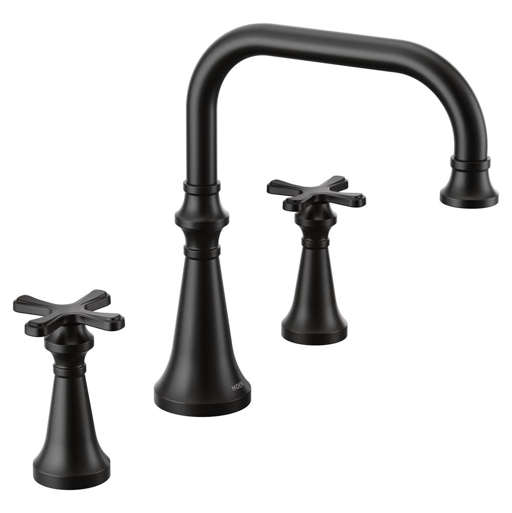 Moen - Colinet Two Handle Deck-Mount Roman Tub Faucet Trim with Cross Handles, Valve Required, in Matte Black - Matte Black