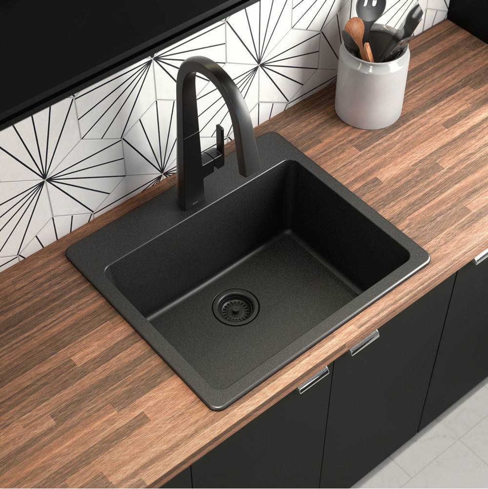 25-Inch Wide x 9.5-Inch Deep Dual Mount Granite Single Bowl Kitchen or Bar Sink, Black