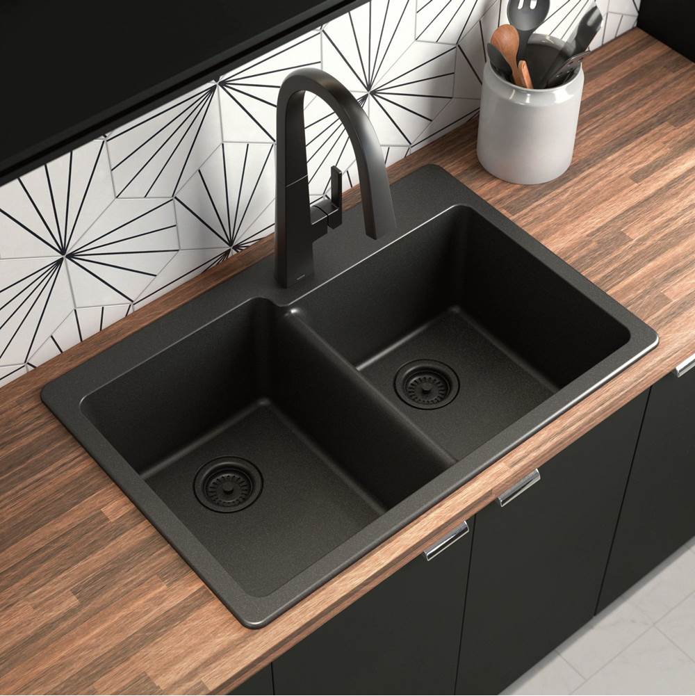 33-Inch Wide x 9.5-Inch Deep Dual Mount Granite Double Bowl Kitchen Sink, Black