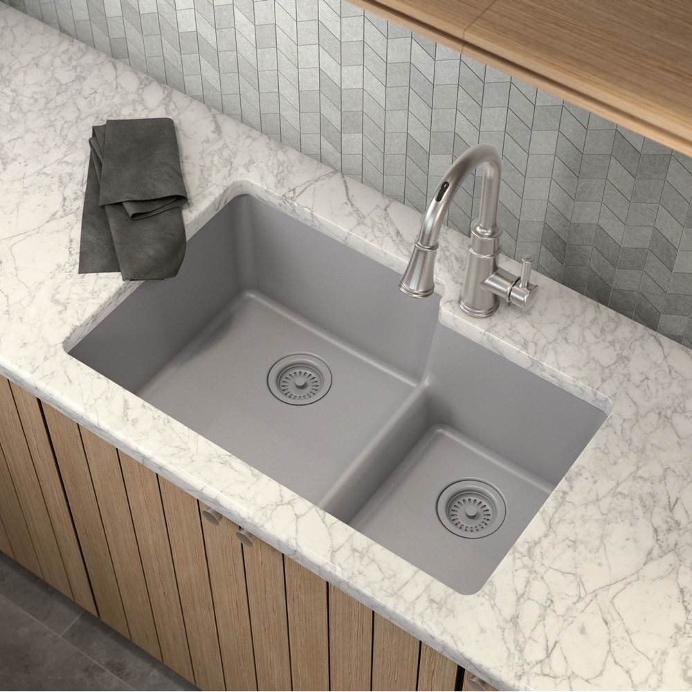 33-Inch Wide x 9.5-Inch Deep Low-Divide Undermount Granite Double Bowl Kitchen Sink, Gray