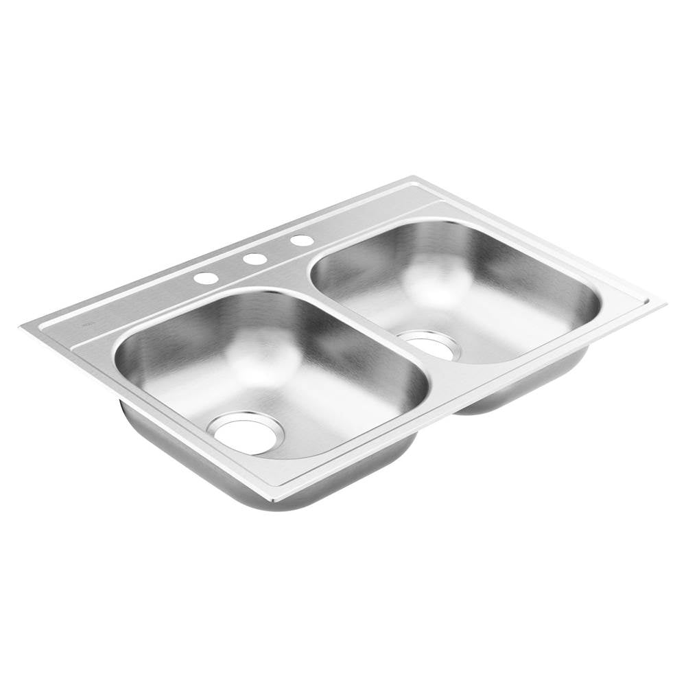 2000 Series 33-inch 20 Gauge Drop-in Double Bowl Stainless Steel Kitchen Sink, 3 Hole, Featuring QuickMount