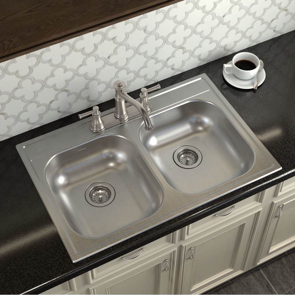 2000 Series 33-inch 20 Gauge Drop-in Double Bowl Stainless Steel Kitchen Sink, 3 Hole, Featuring QuickMount