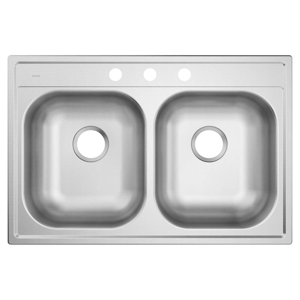 2000 Series 33-inch 20 Gauge Drop-in Double Bowl Stainless Steel Kitchen Sink, 3 Hole, Featuring QuickMount