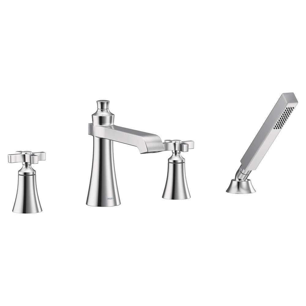 Moen - Flara 2-Handle Deck-Mount Roman Tub Faucet Trim Kit with Handshower and Cross Handles in Chrome (Valve Sold Separately) - Chrome