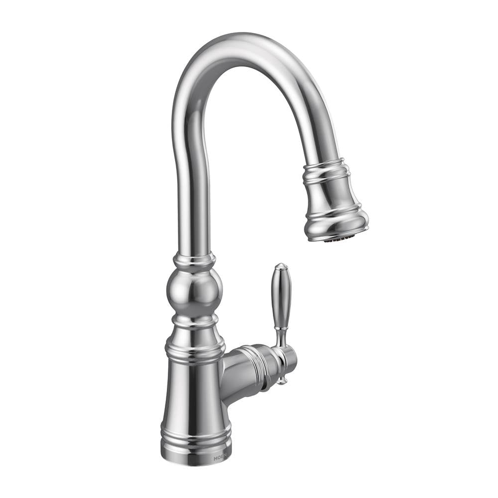 Moen - Weymouth Shepherd''s Hook Pulldown Kitchen Bar Faucet Featuring Metal Wand with Power Clean, Chrome - Chrome
