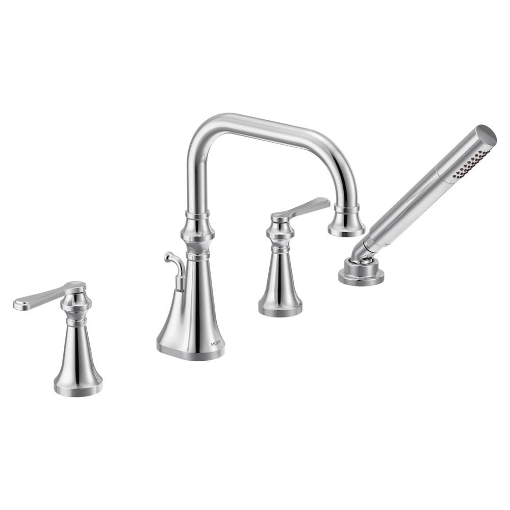 Moen - Colinet Two Handle Deck-Mount Roman Tub Faucet Trim with Lever Handles and Handshower, Valve Required, in Chrome - Chrome