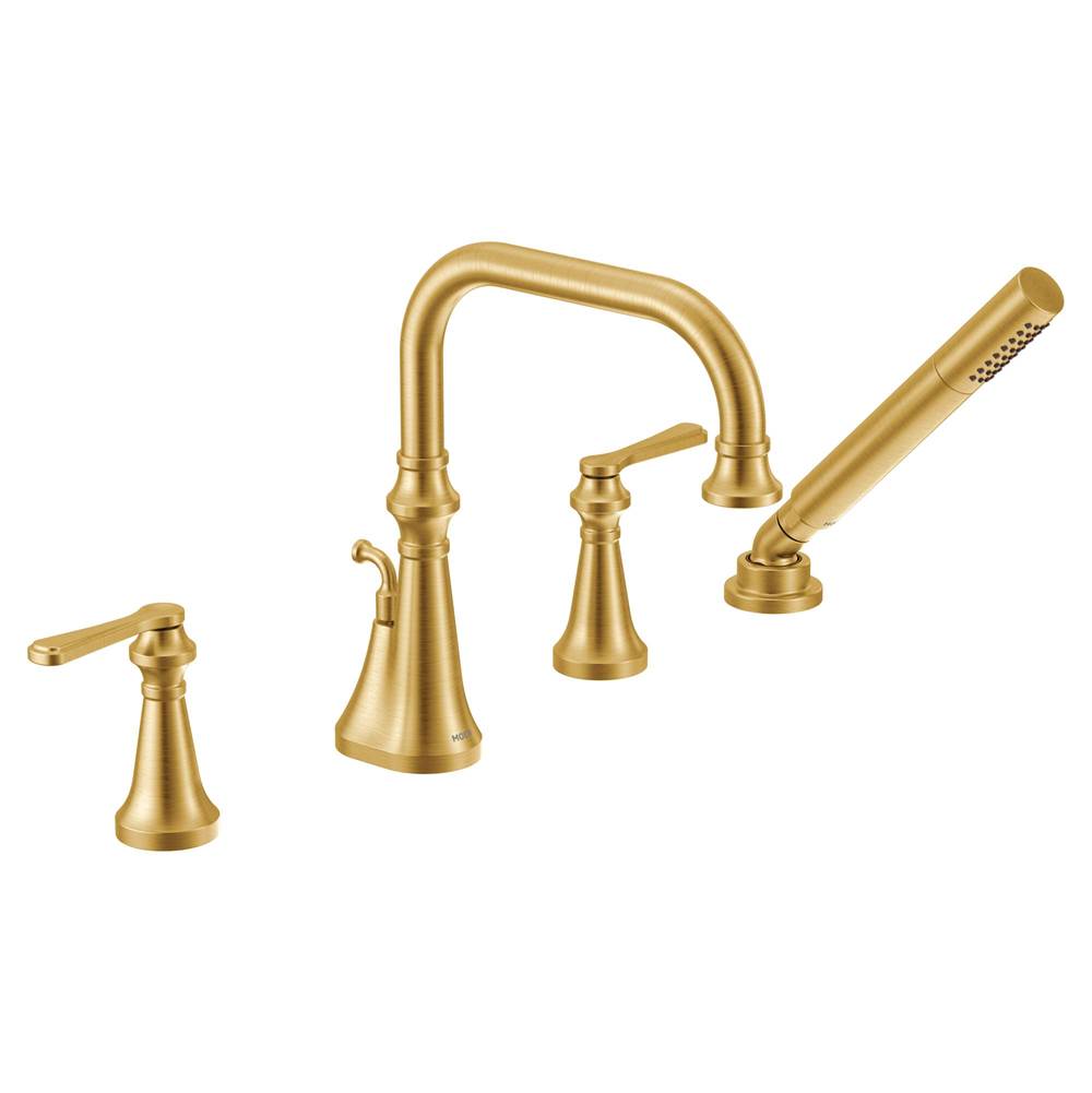 Moen - Colinet Two Handle Deck-Mount Roman Tub Faucet Trim with Lever Handles and Handshower, Valve Required, in Brushed Gold - Brushed Gold